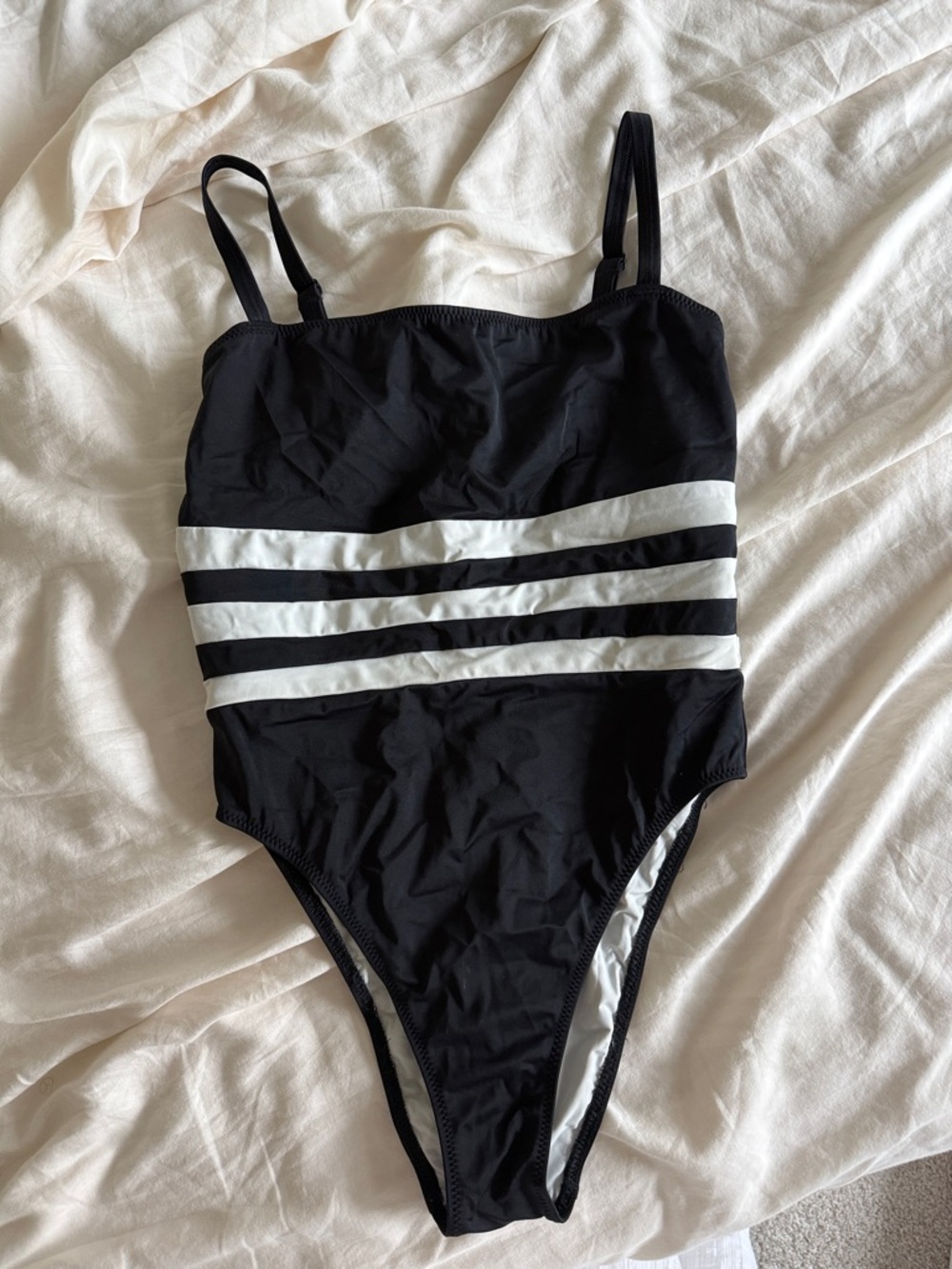 SOLID & STRIPED Black One-Piece Swimsuit with White Stripes
